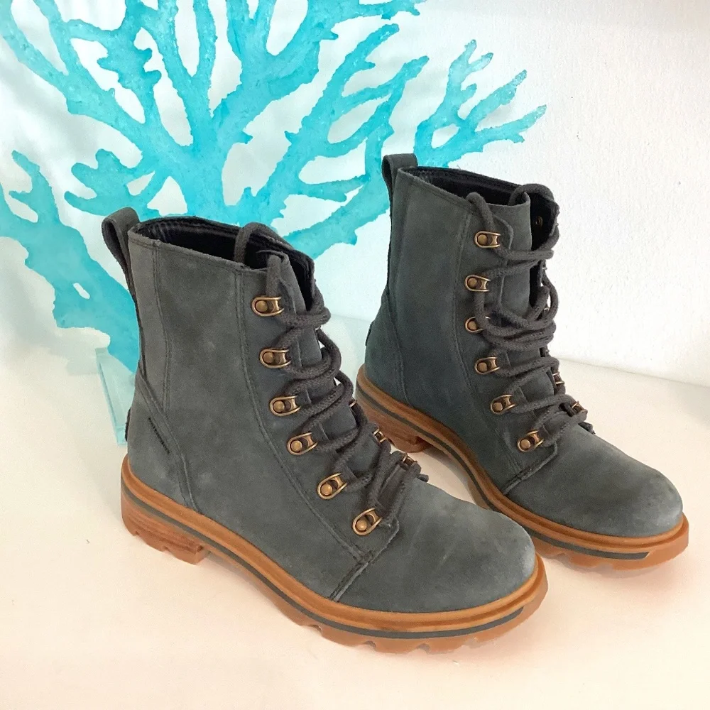 NEW SOREL blue gray military style combat suede ankle shoelace boots 6.5